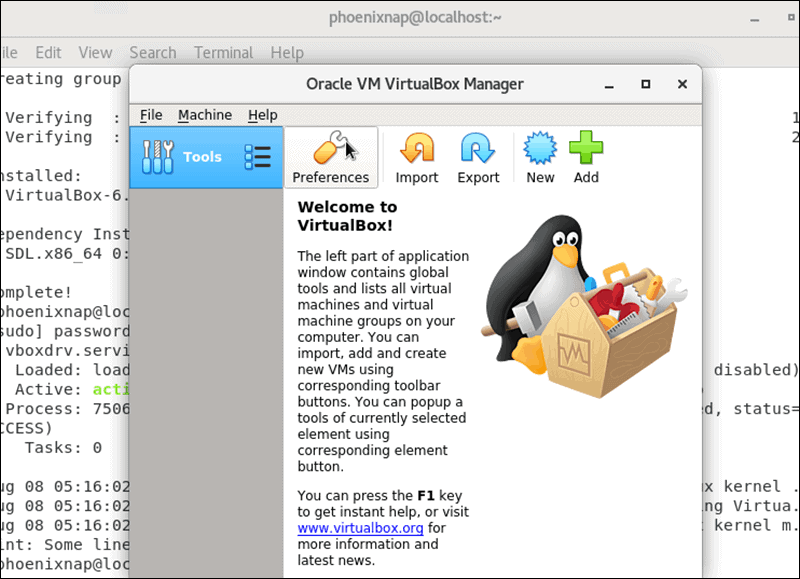 oracle VM VirtualBOX Manager welcome page