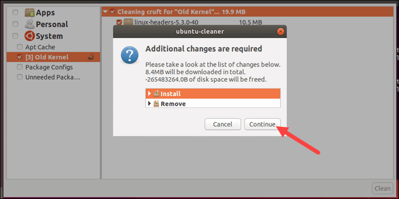 Ubuntu Cleaner informs you that additional packages need to be removed before proceeding.