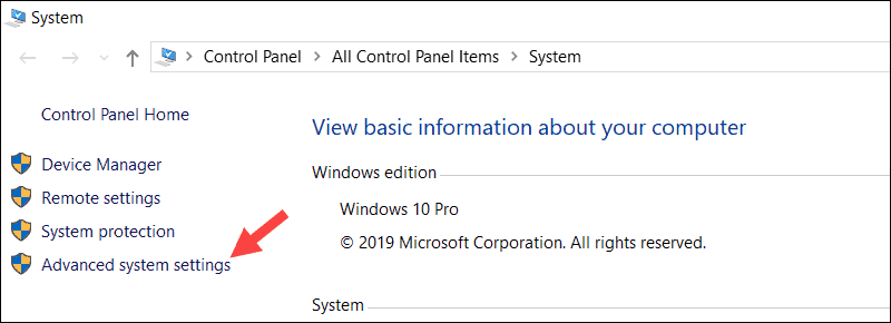 Advanced System Settings option in Windows properties.