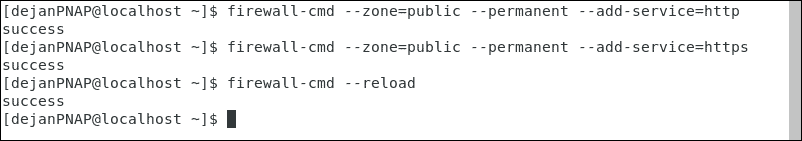 Modifying the firewall on CentOS to allow HTTP and HTTPS traffic.