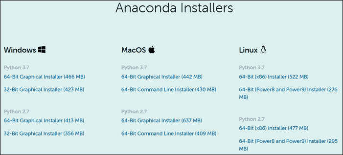 Download page where a version of Anaconda can be selected.