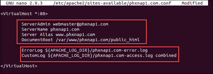 Apache congif file showing server settings