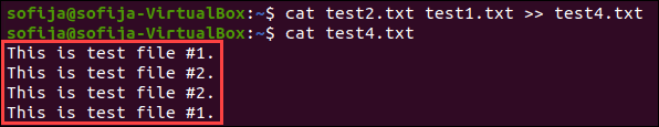 Append multiple files to an existing file using the cat command.