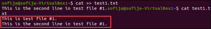 Append text to existing file using the cat command.