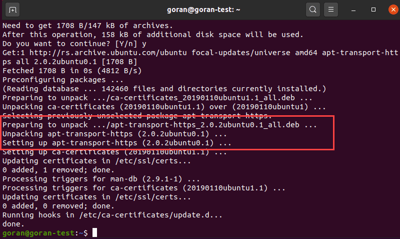 screenshot of the progress when installing apt-transport-https package