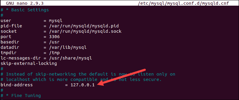 Location of the bind-address line in the MySQL config file.