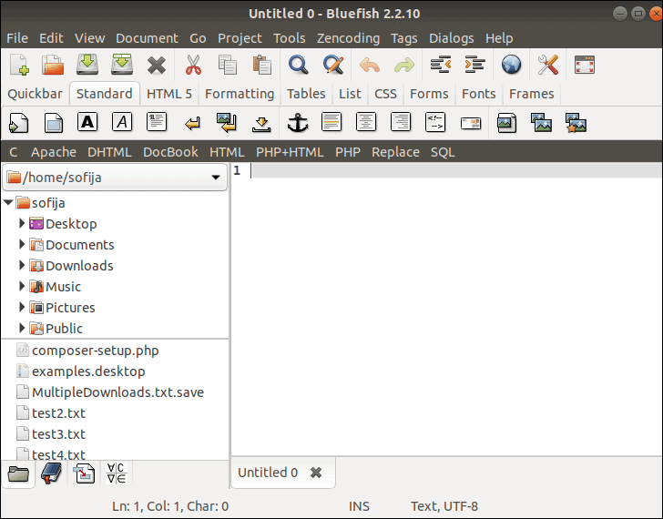 bluefish text editor interface after installing