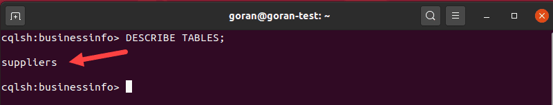 The output of the describe tables command in Cassandra.