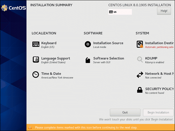 installation summary for CentOS 8 with localization software and system