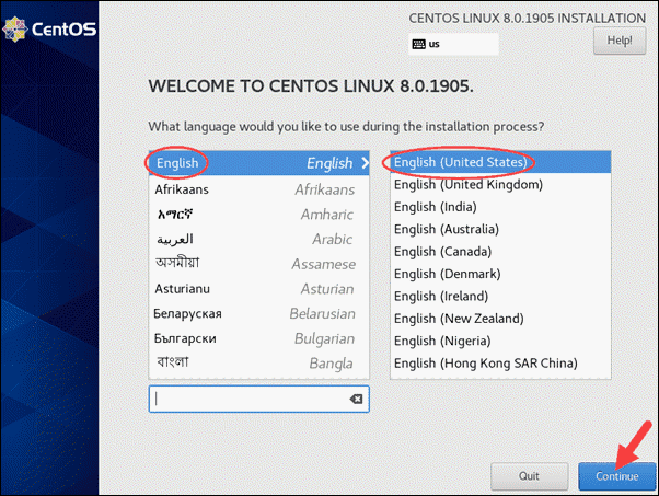 CentOS Linux 8.1905 installation welcome screen