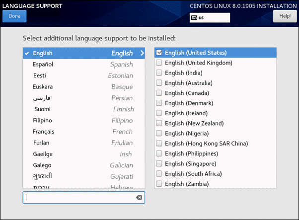 select additional language support for CentOS 8