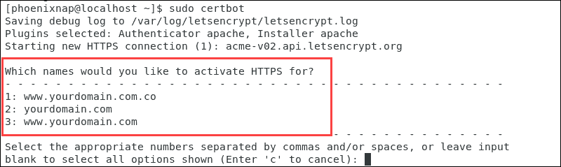 Certbot derefter de domæner, der er tilgængelige på din server.