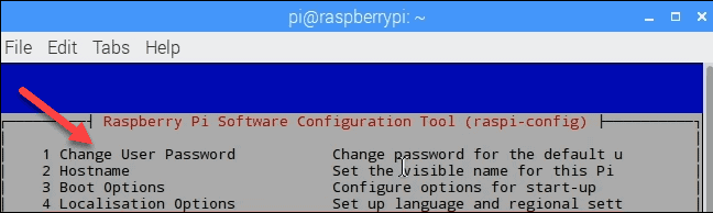 example of raspi-config tool to change Raspberry Pi default account passoword