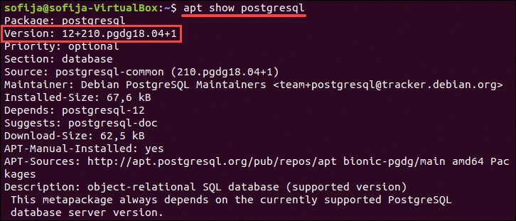 Command for checking PostgreSQL version on Ubuntu.