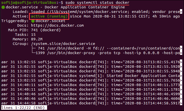 example of docker active and running on Ubuntu 20.04