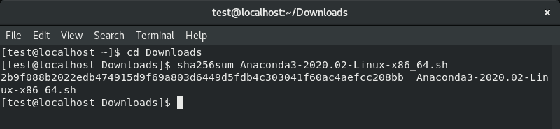 CentOS terminal showing Anaconda file hash