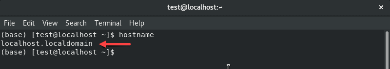 Checking CentOS hostname in the terminal.