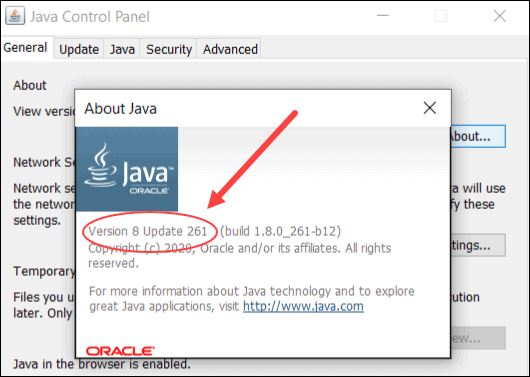 example output of java version 8 update 261 installed on windows