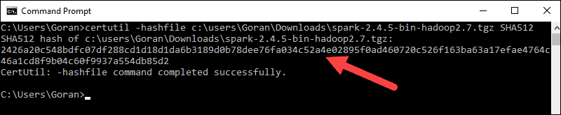 Checksum output for the Spark installation file.
