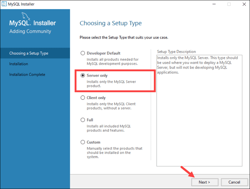 Dropdown allows you to select a MySQL installation configuration.