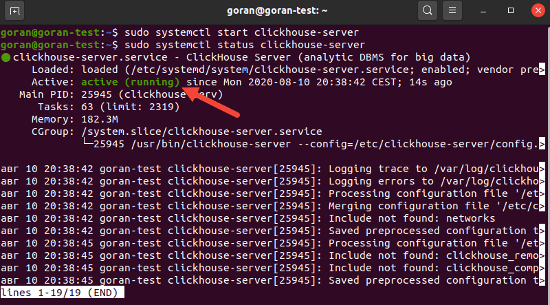 Checking the status of the ClickHouse service on Ubuntu
