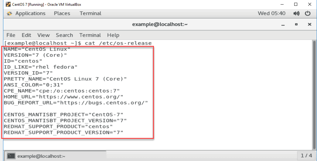 example of Centos command output for operating system and release version