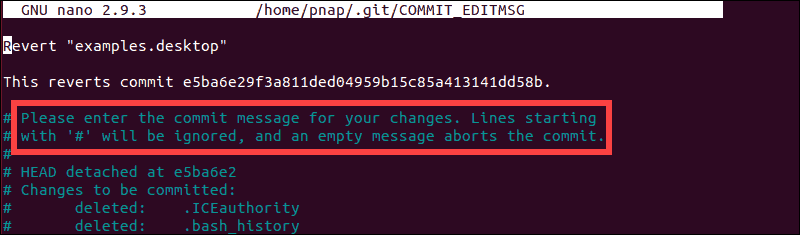 Define commit message for the revert action