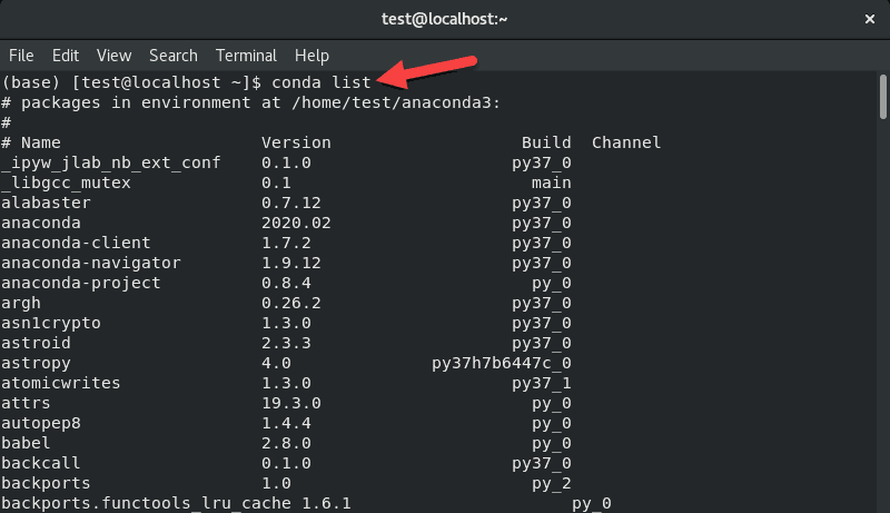 Terminal output for the conda list command
