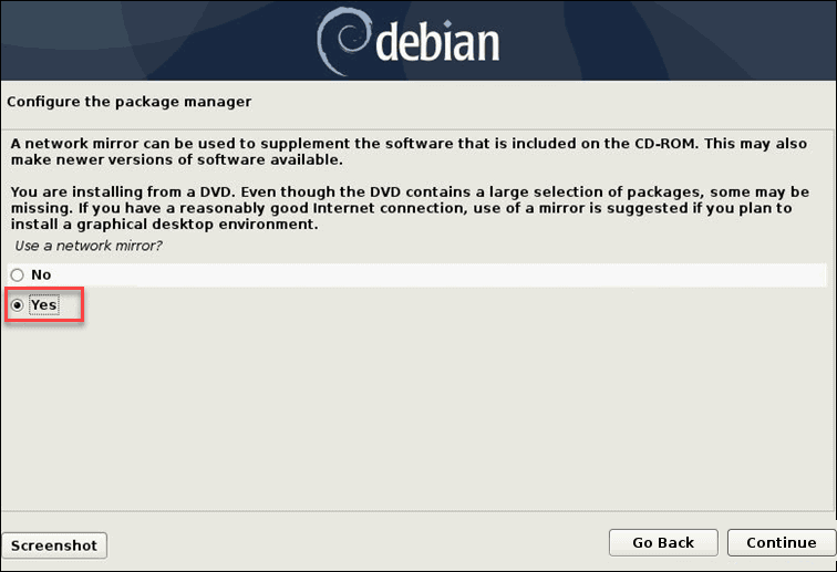 installing from a dvd with yes, use a network mirror