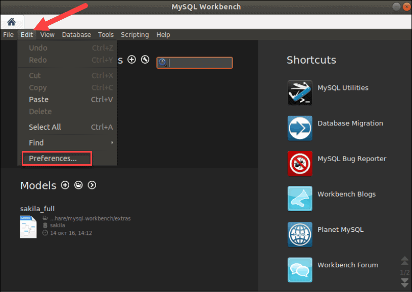 edit preferences in mysql workbench