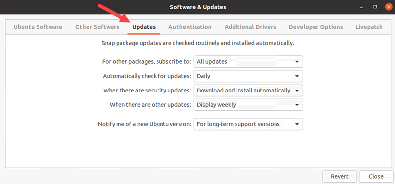 screenshot of preferred Ubuntu update schedule and options