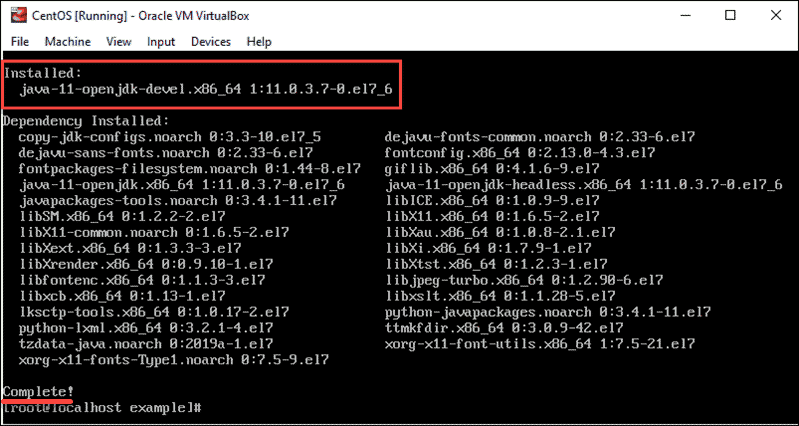 output displaying downloaded and installed JDK