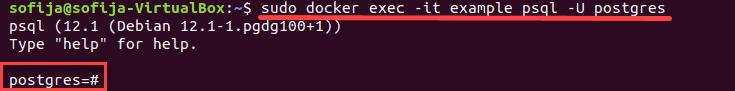 Command for connecting to Postgres in a Docker container.