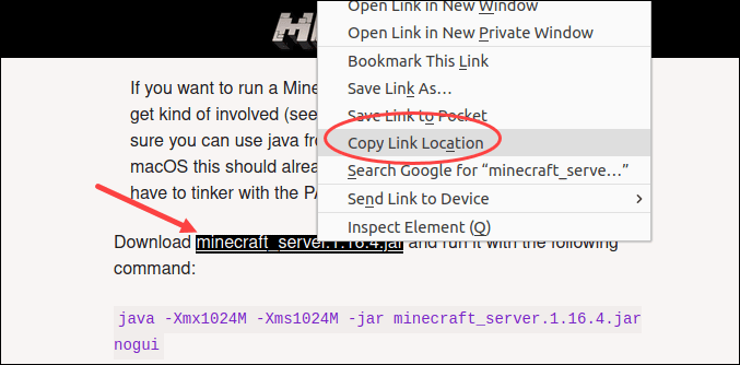Copy the link to download Minecraft server files.