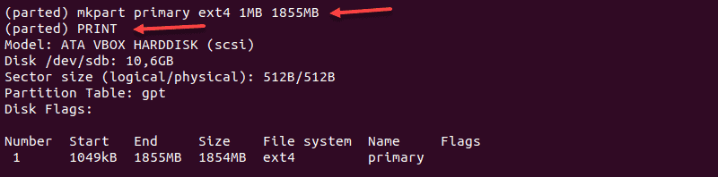 Create a partition by using the Linux parted command.