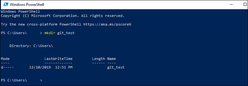 Example of creating a test directory in Windows PowerShell.
