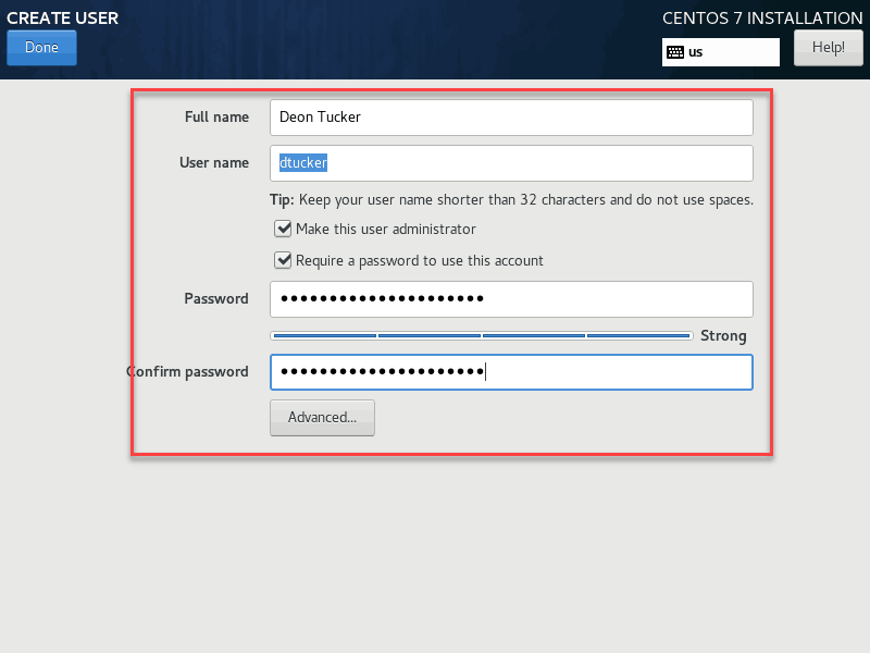 Create user durring CentOS 7 installation.