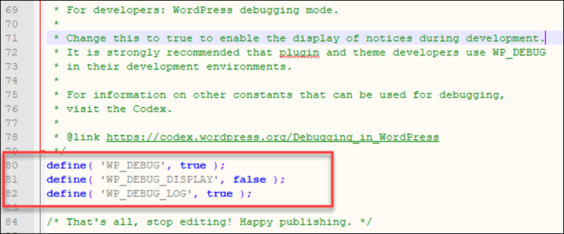 Adding code to enable debugging tool in WordPress.