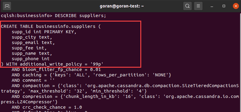 Show contents of one table in Cassandra with the describe command.