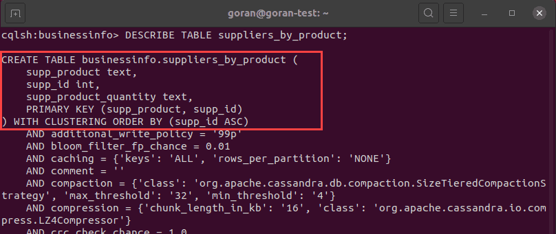 Describe table with compound key in Cassandra.