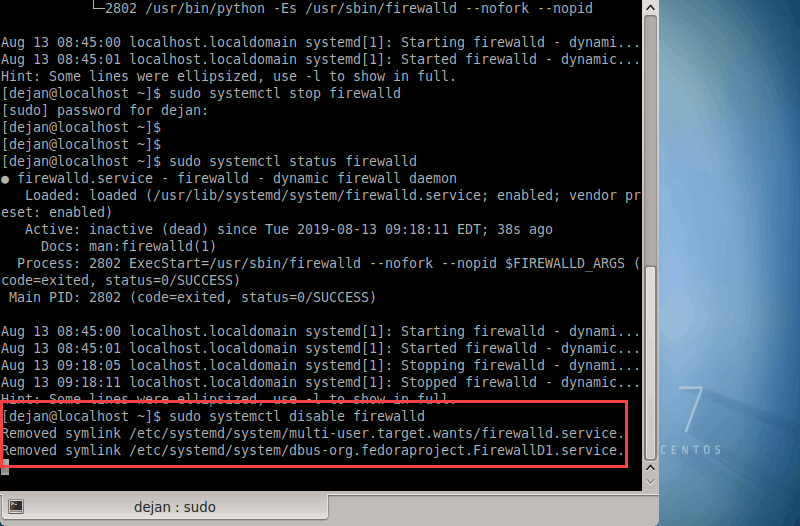 example screenshot of permanently disabled firewalld on CentOS