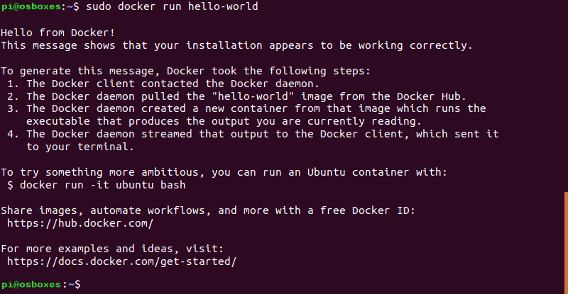 Verifying if Docker installation is running correctly on your Raspberry Pi.