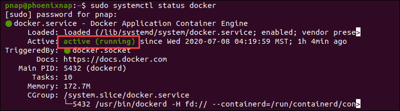 Active status of Docker service for Redis deployment.