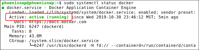 Confirm Docker version and that it is active.