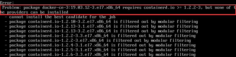 Output showing Docker cannot install on CentOS.