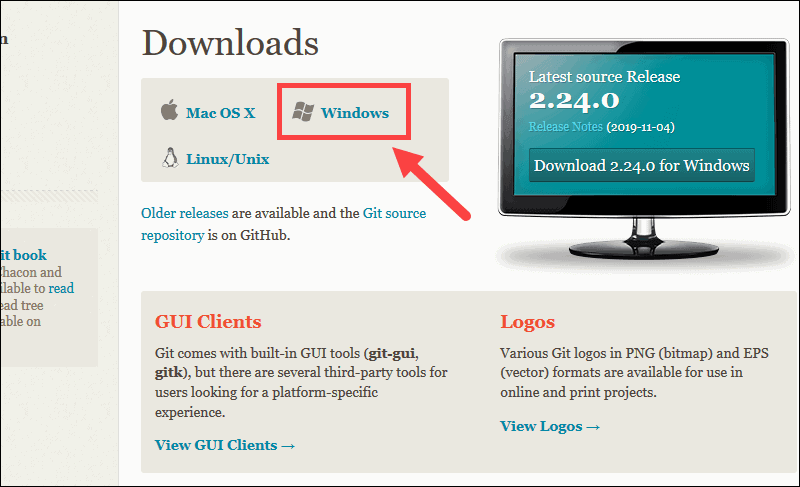 Windows version on Git page to download