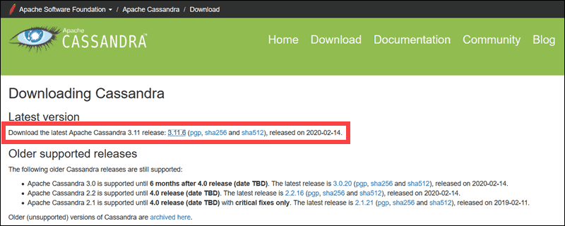 Official Cassandra download page with windows 10 for download