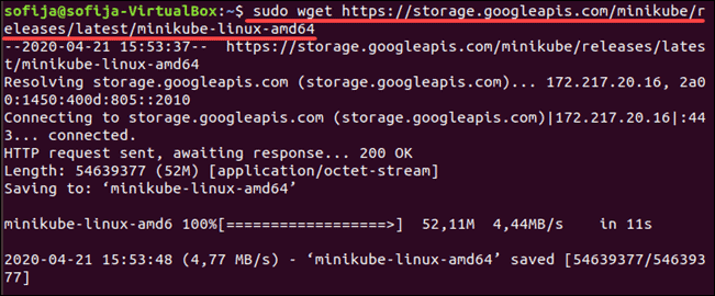 Downloading the Minikube binary to install Minikube on Ubuntu 18.04.