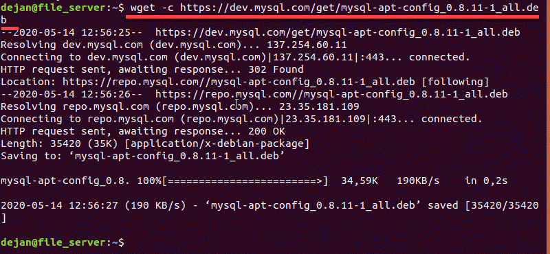 Terminal command to install and add the MySQL repository.