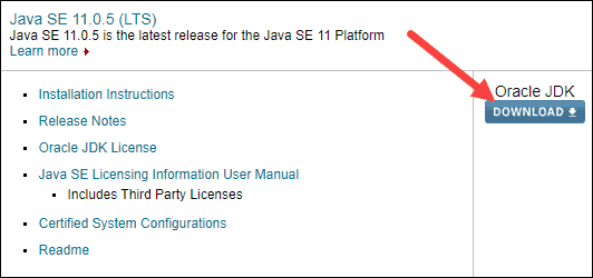 Oracle Java download page and button for downloading JDK 11.